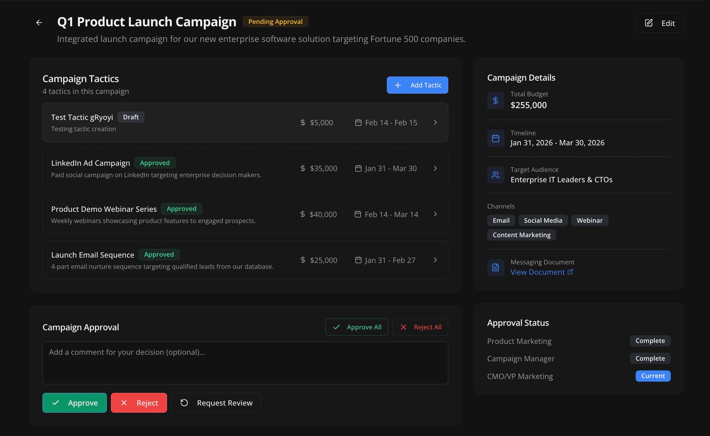 CampaignHub dashboard showing Q1 Product Launch Campaign with tactics, budget details, approval workflow, and campaign details