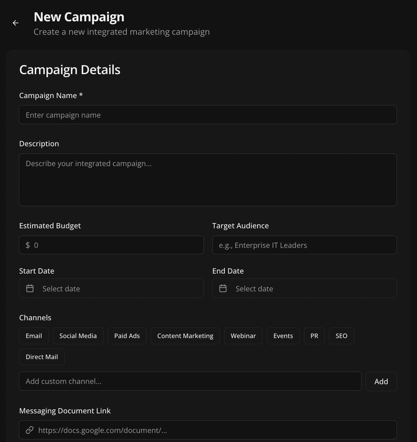New Campaign creation form showing fields for campaign name, description, budget, target audience, dates, channel selection, and messaging document link